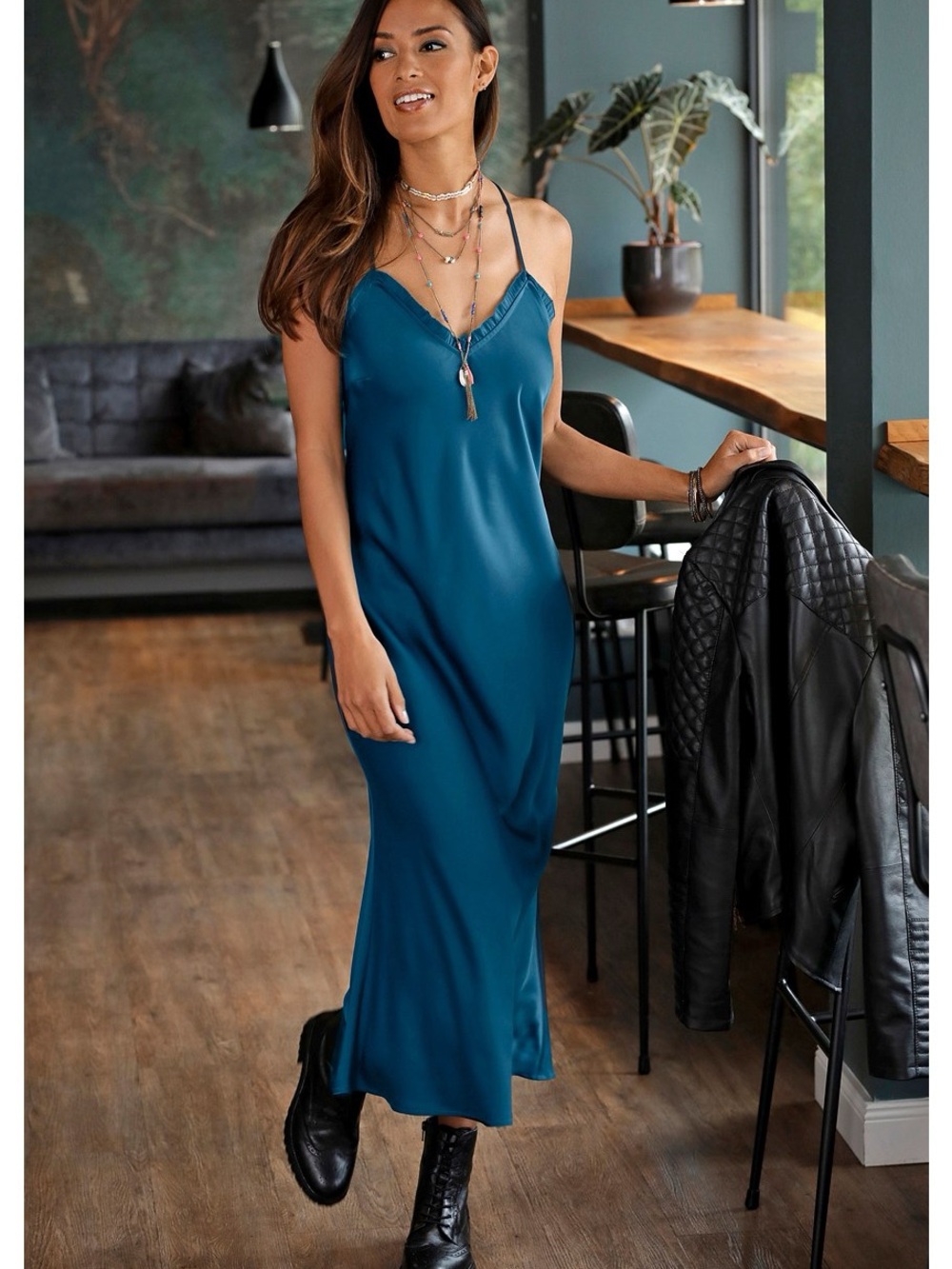 Lascana Satin Slip Dress with Lace Trim - Deep Teal